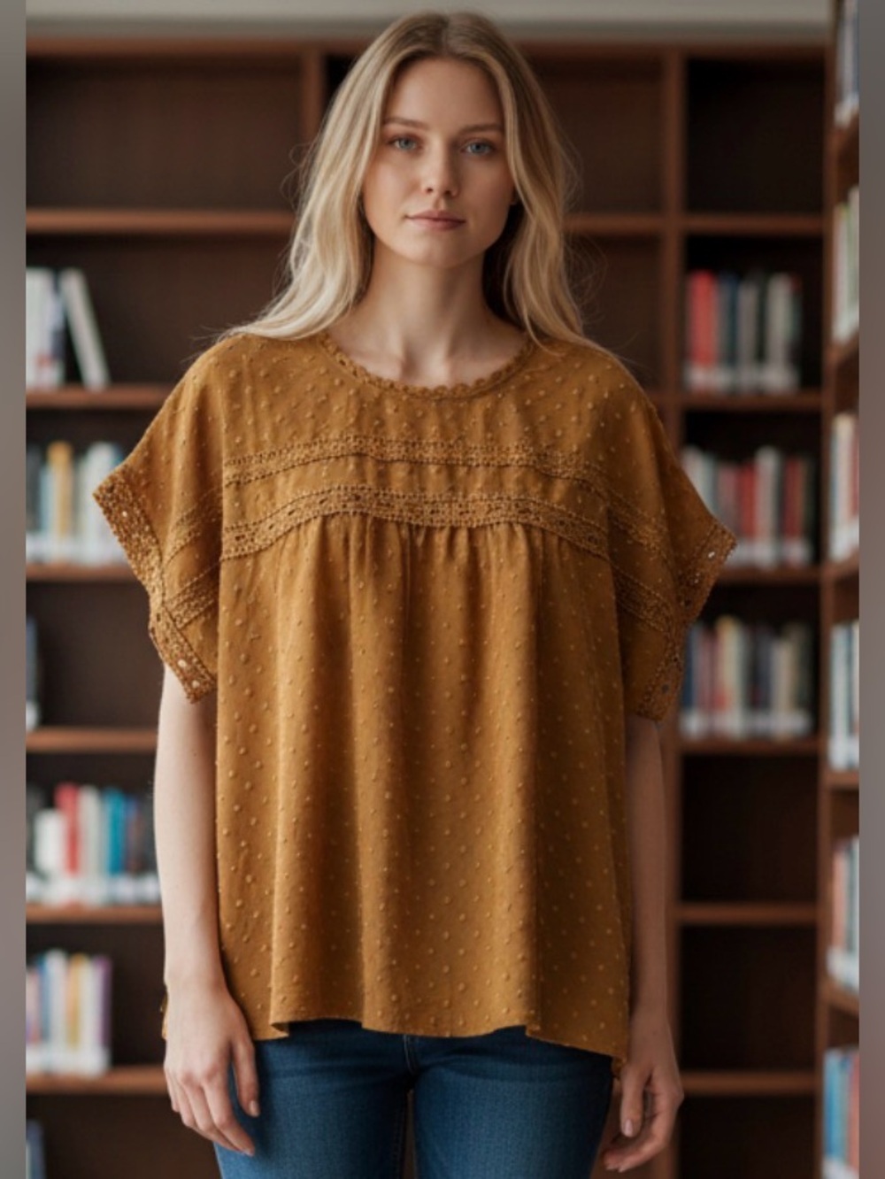 2X Women’s Mustard or rust colored Dot Swiss Blouse - Unbranded NWOT